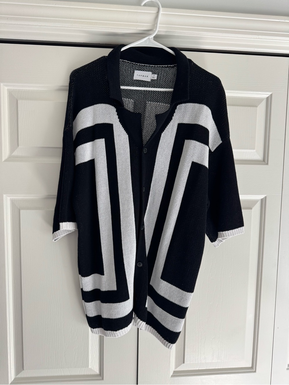 Topman Black and White Geometric Button-Front Knit Shirt